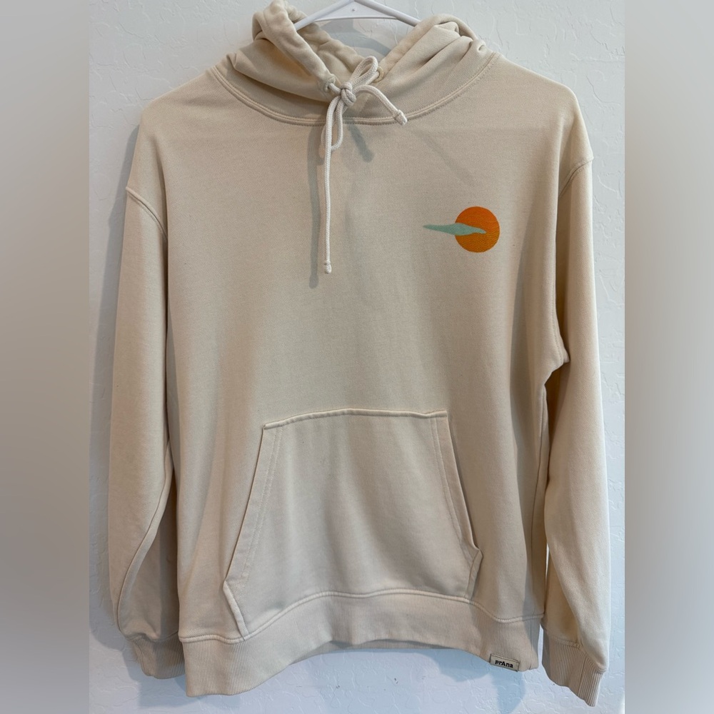 Prana Beige Hoodie Orange Teal Desert Graphic Details Womens XS Organic Cotton